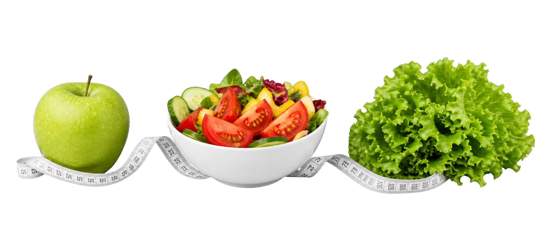 Manzana verde, ensalada, cinta métrica y hojas frescas