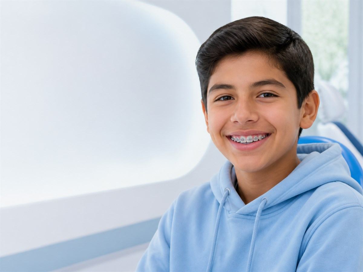 Joven sonriendo con brackets