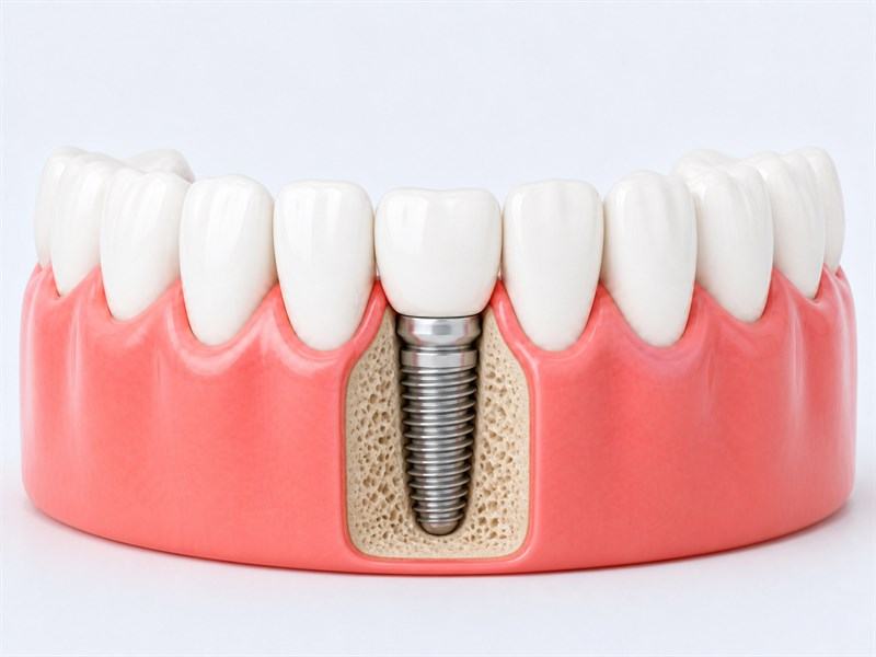 Implante dental integrado entre dientes naturales