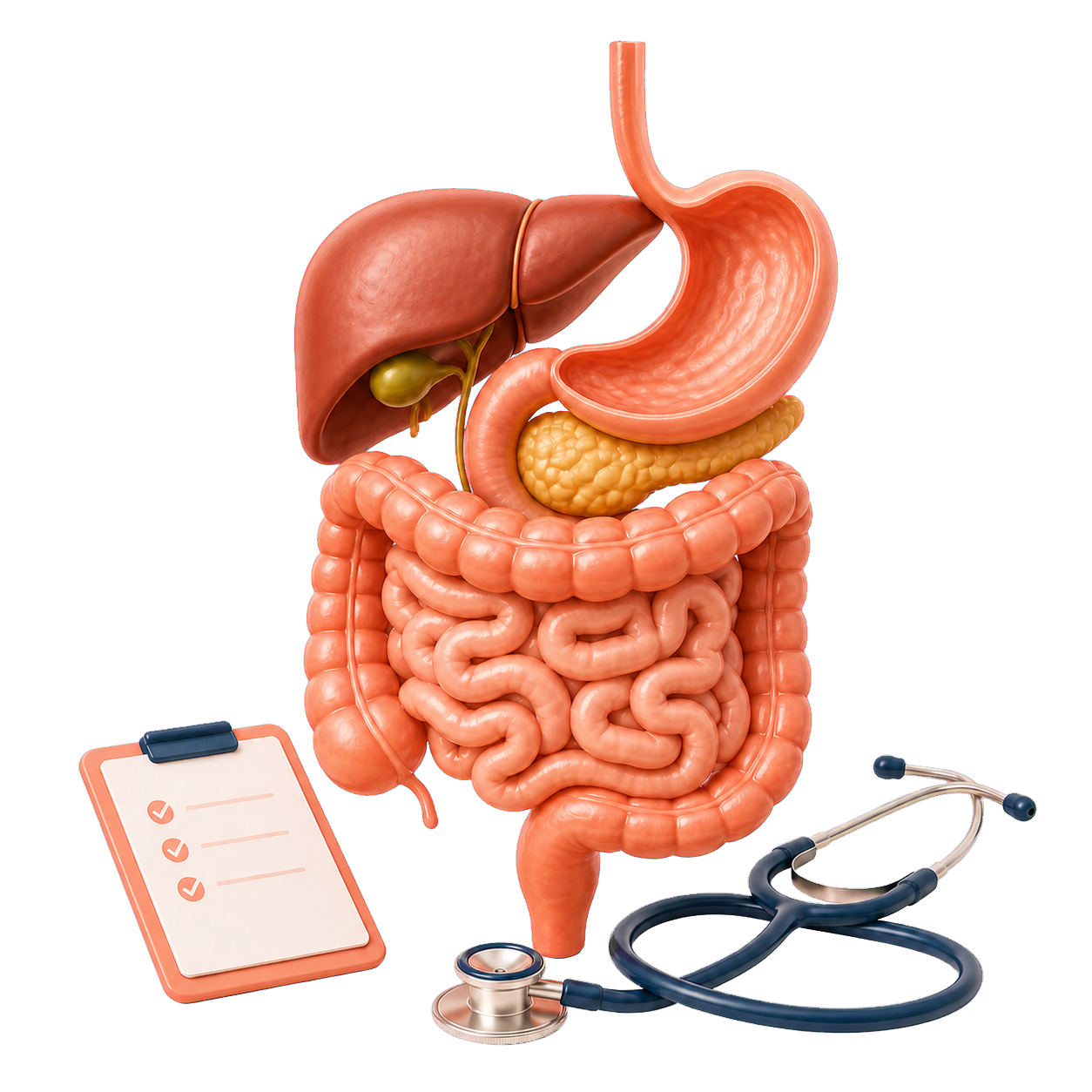 Ilustración 3D del sistema digestivo con ficha clínica y estetoscopio