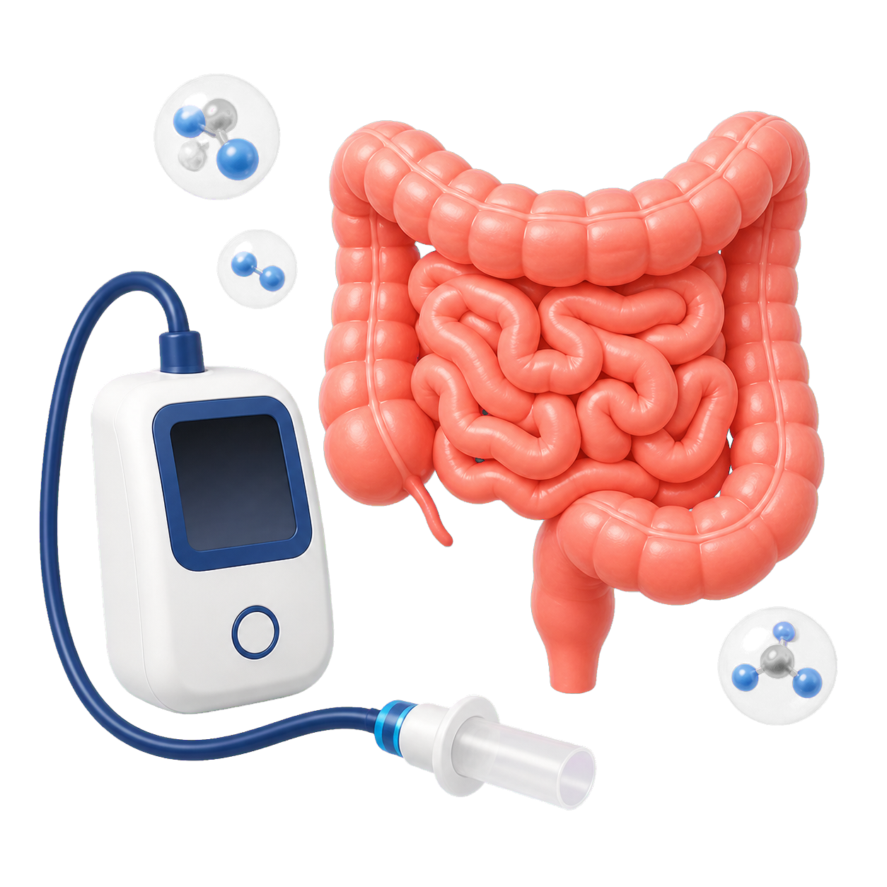 Equipo de aire espirado junto a una ilustración del intestino