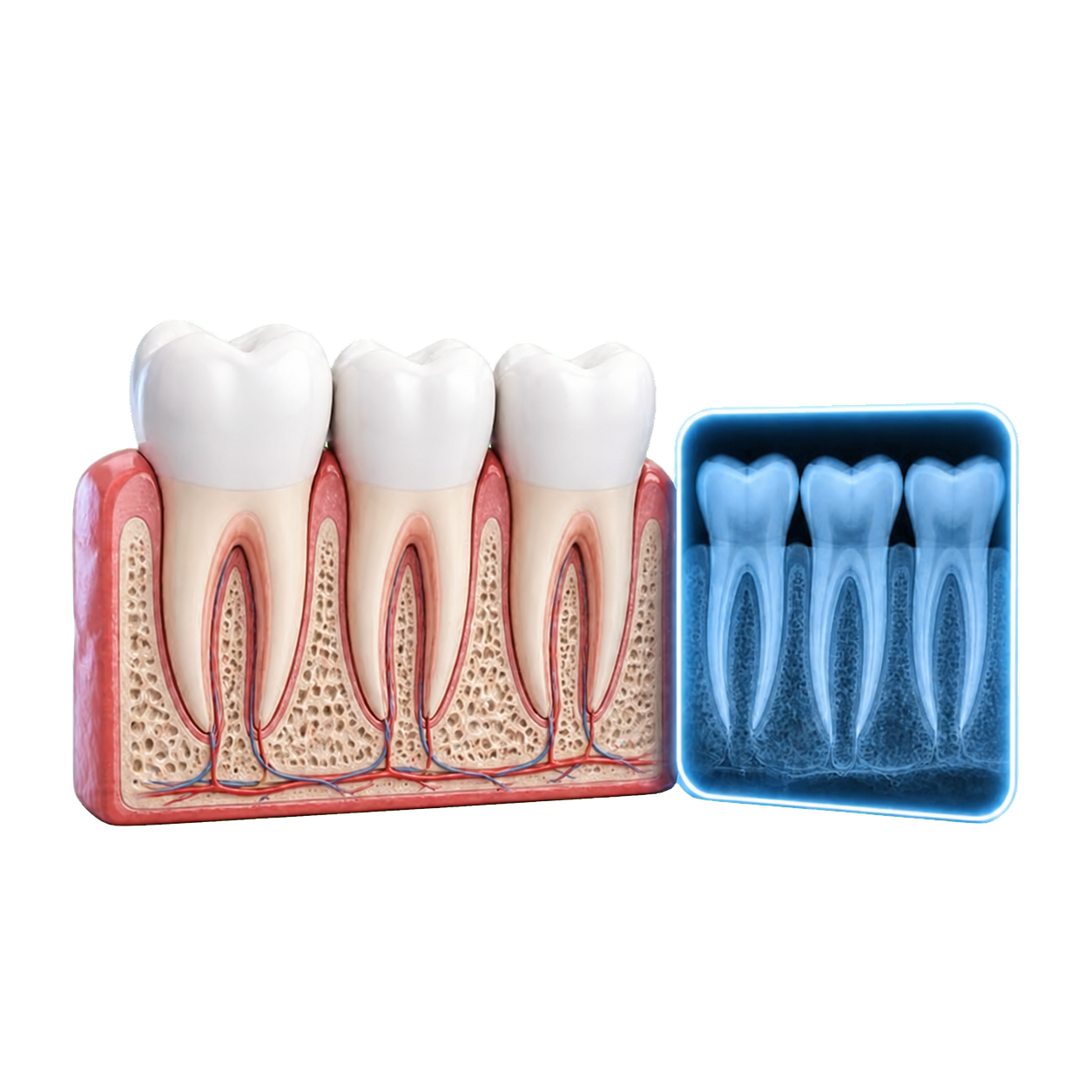 Modelo dental y radiografía periapical